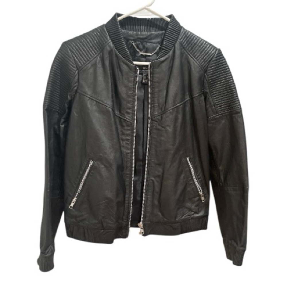 MNG Suit Mango 100% Genuine Sheep Leather Bomber Jacket Exposed Sliver Zipper
